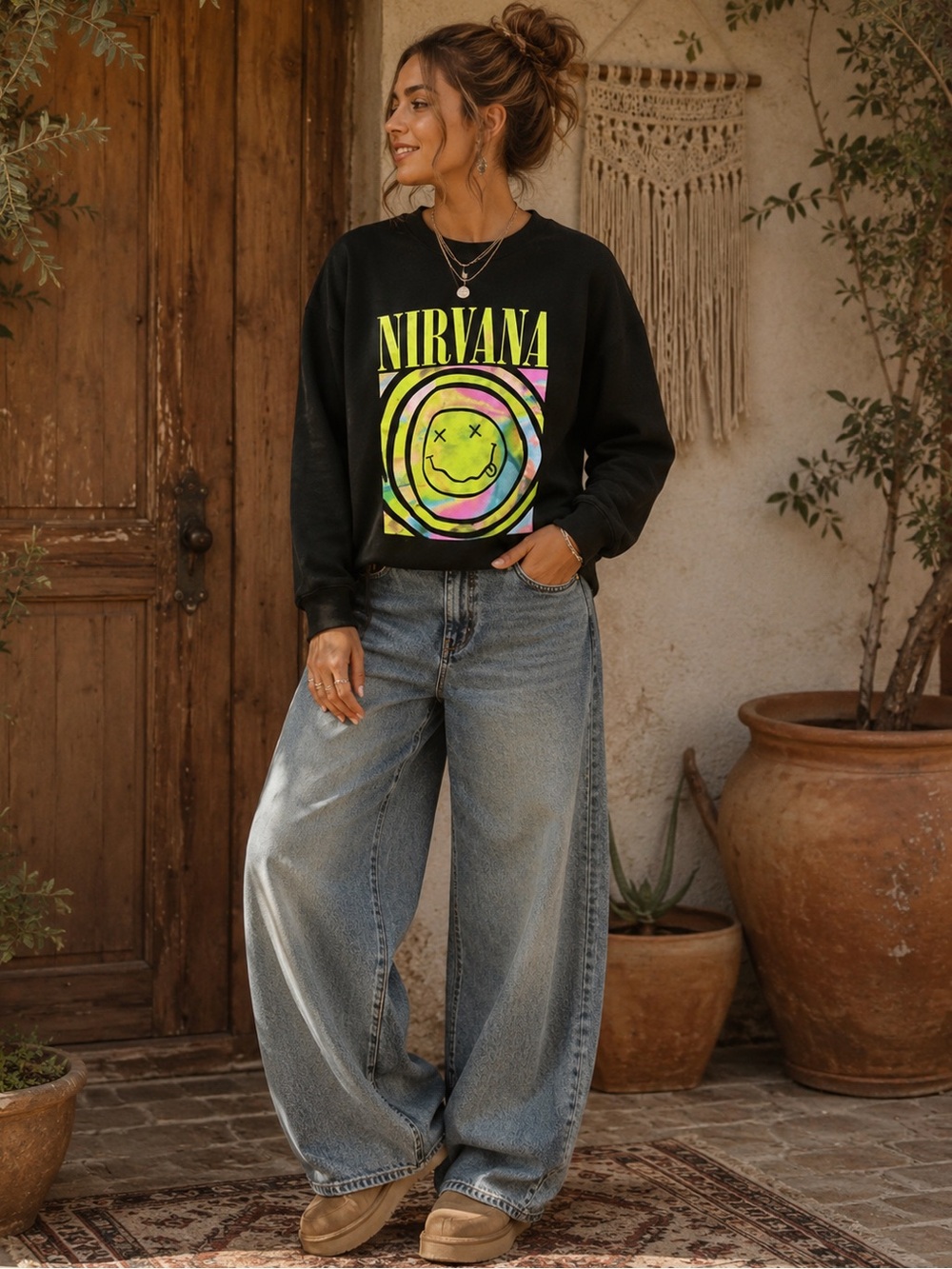 Nirvana Crewneck with Neon Tie-Dye Smiley